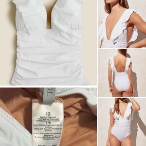 White Ruffled One-Piece J. Crew Swimsuit Long Torso Sz. 12